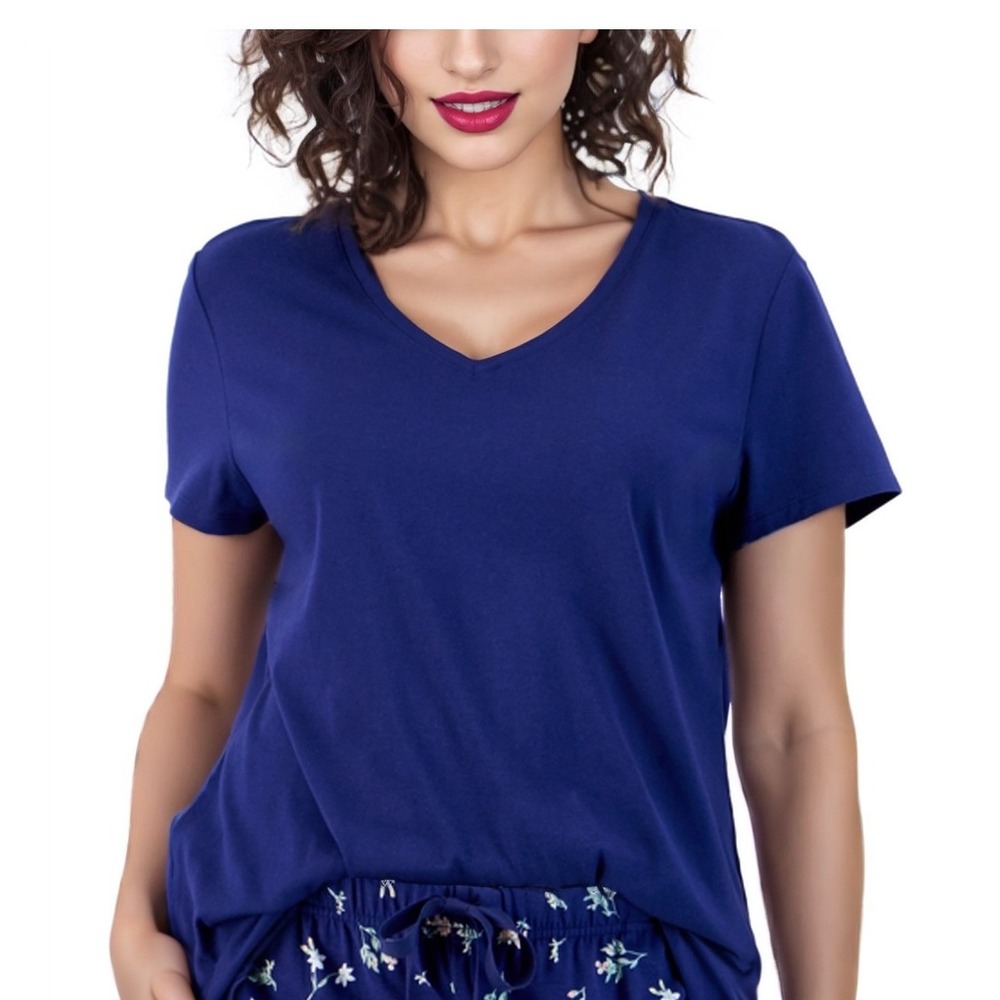 Charter Club Women V-Neck T-Shirt Pajama Top Blue Medium Short Sleeve Sleepcore